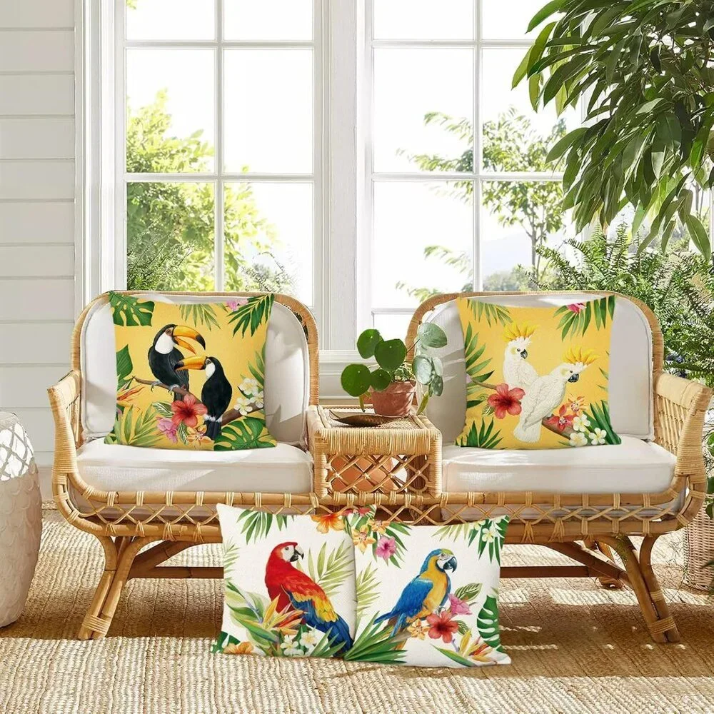 Tropical Birds Toucan Throw Pillow Covers 18 x 18 Inch Parrots Flowers Leaves Ou - Picture 2 of 6